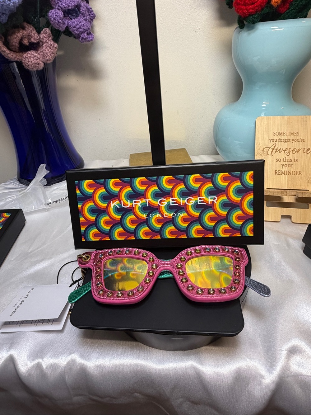 Kurt Geiger Pink Jeweled Sunglasses Bag Charm Keychain NWT